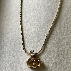 Authentic Dior Gold Double-Loop Logo Necklace with Clear Crystal